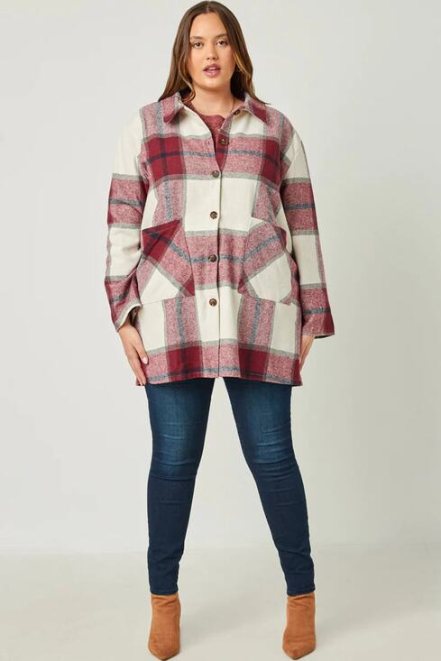 Hayden Jackets & Blazers - HAYDEN Mandy Plus Burgundy Plaid Shacket with Front Pockets 2X